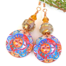 mandala sun moon handmade earrings colorful lampwork crystals jewelry gift