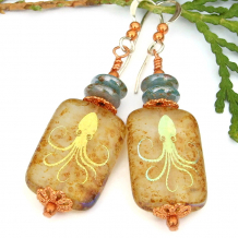 octopus earrings laser etched amber glass beach jewelry