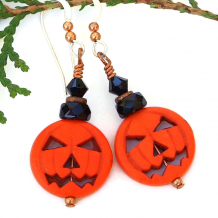 orange halloween pumpkin earrings with black crystals