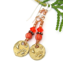 paw prints hearts dog lover earrings gold bronze orange