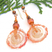 peach lampwork wheel disc boho earrings handmade jewelry copper