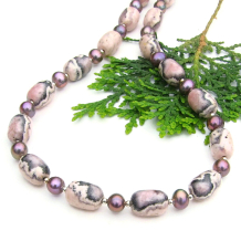 pink gray rhodochrosite peacock pearl necklace handmade gemstones sterling