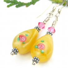 The pretty FLORAL SUNSHINE handmade earrings feature vintage Czech glass rose flower teardrops, pink Swarovski crystals and sterling silver - one of a kind floral jewelry gift for women. pink yellow rose flower earrings vintage glass teardrops handmade swarovski