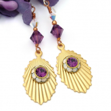 The beautiful BIJOU handmade earrings feature gold over brass corrugated fan charms with vintage Austrian crystal clusters, Swarovski crystals, copper and sterling silver - unique vintage vibe jewelry for women. purple amethyst white opal crystal handmade jewelry vintage
