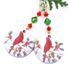 red cardinal christmas holidays earrings red green swarovski crystals