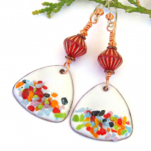 red orange green blue on white enamel confetti boho earrings handmade jewelry