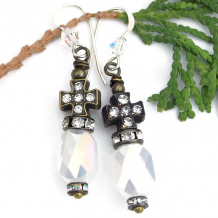 rhinestone crystals cross white opal earrings vintage Italian style