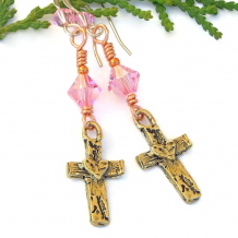 rustic bronze cross hearts earrings pink swarovski crystals handmade