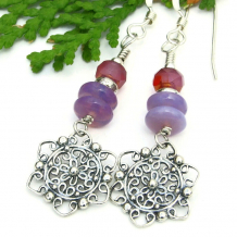 silver flower mandala earrings purple lavender pink