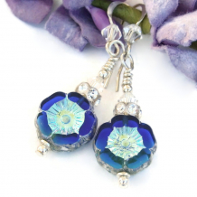 The SILVERED FLOWERS handmade earrings feature sapphire blue & silver Czech glass flower beads and sparkling crystals - unique floral jewelry gift for women. silvered blue pansy earrings swarovski crystals handmade floral