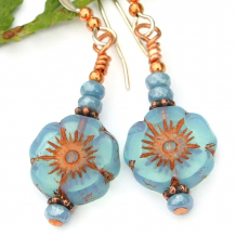 sky blue opal glass flower earrings handmade copper