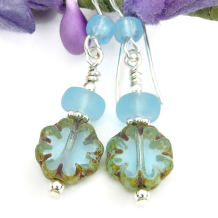 small flower earrings handmade sky blue glass