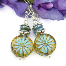 small flowers asters handmade earrings amber turquoise blue