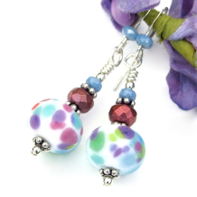 spotted frit lampwork glass earrings handmade pink blue purple white