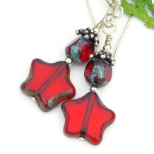 star lover handmade earrings red czech glass stars tri cut sterling silver
