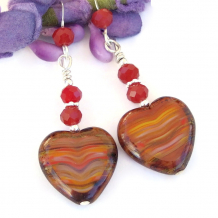 striped sunset hearts earrings czech glass handmade valentines day