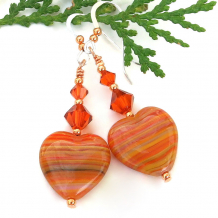 sunset orange valentines day hearts earrings gift swarovski crystals