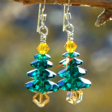 The beautiful EMERALD TREES handmade Christmas earrings feature three colors of sparkling Swarovski crystals - unique holiday jewelry for women. swarovski crystal christmas tree earrings handmade