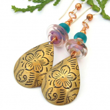 teardrop flower earrings antique brass pink teal purple lampwork