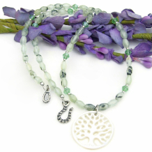 tree of life mother of pearl necklace green prehnite gemstones hand carved