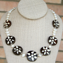 tribal batik bone flower bead necklace handmade gift for women dark brown white