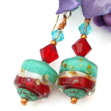 turquoise white red lampwork jewelry handmade swarovski crystals