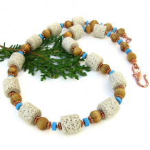 unique cream pumice lava rock wood bead turquoise magnesite handmade necklace