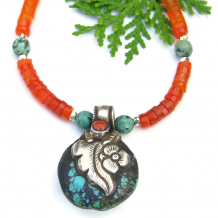 vintage turquoise coral Tibetan pendant necklace handmade carnelian jasper