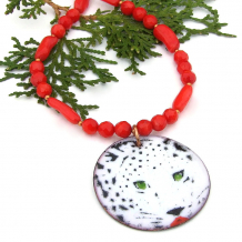 white black red snow leopard pendant necklace handmade jewelry gift