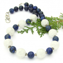 white crackle quartz blue lapis lazuli necklace handmade sterling silver