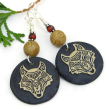 wolf head celtic knot handmade jewelry brown tan ceramic red