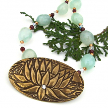 yoga lotus blossom green chalcedony and red garnet handmade necklace
