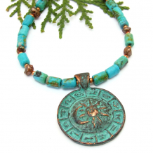 zodiac horoscope sun moon pendant handmade necklace real turquoise pearls