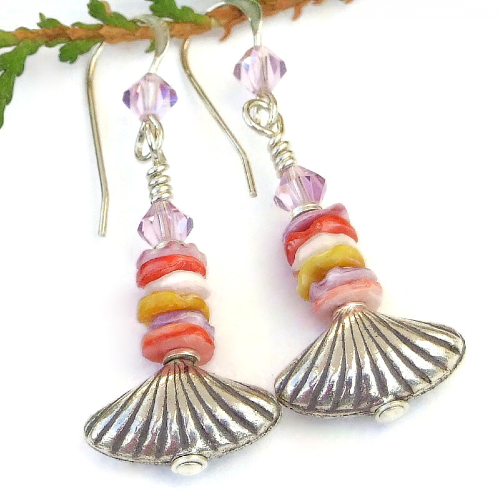 Shell Earrings Thai Silver Heishe Swarovski Handmade Beach Jewelry