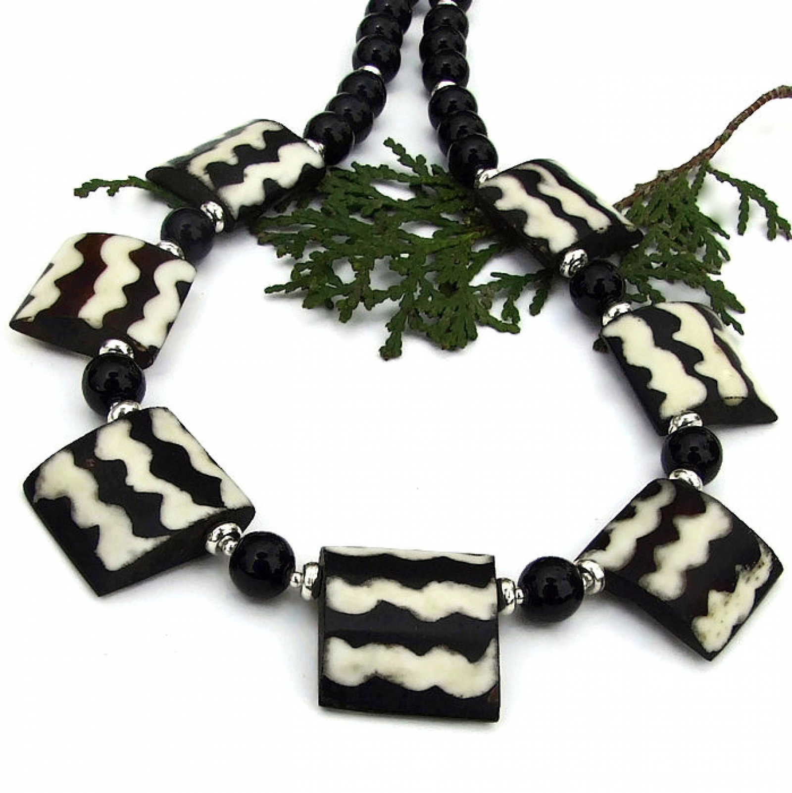 African Batik Boho Necklace, Black White Tribal Handmade ...