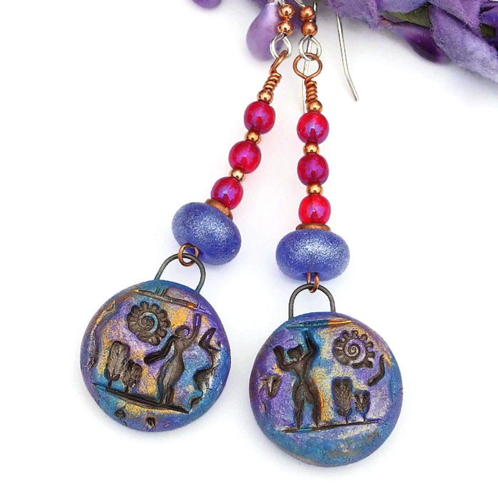 Hieroglyphs Earrings, Polymer Clay Blue Purple Gold ...