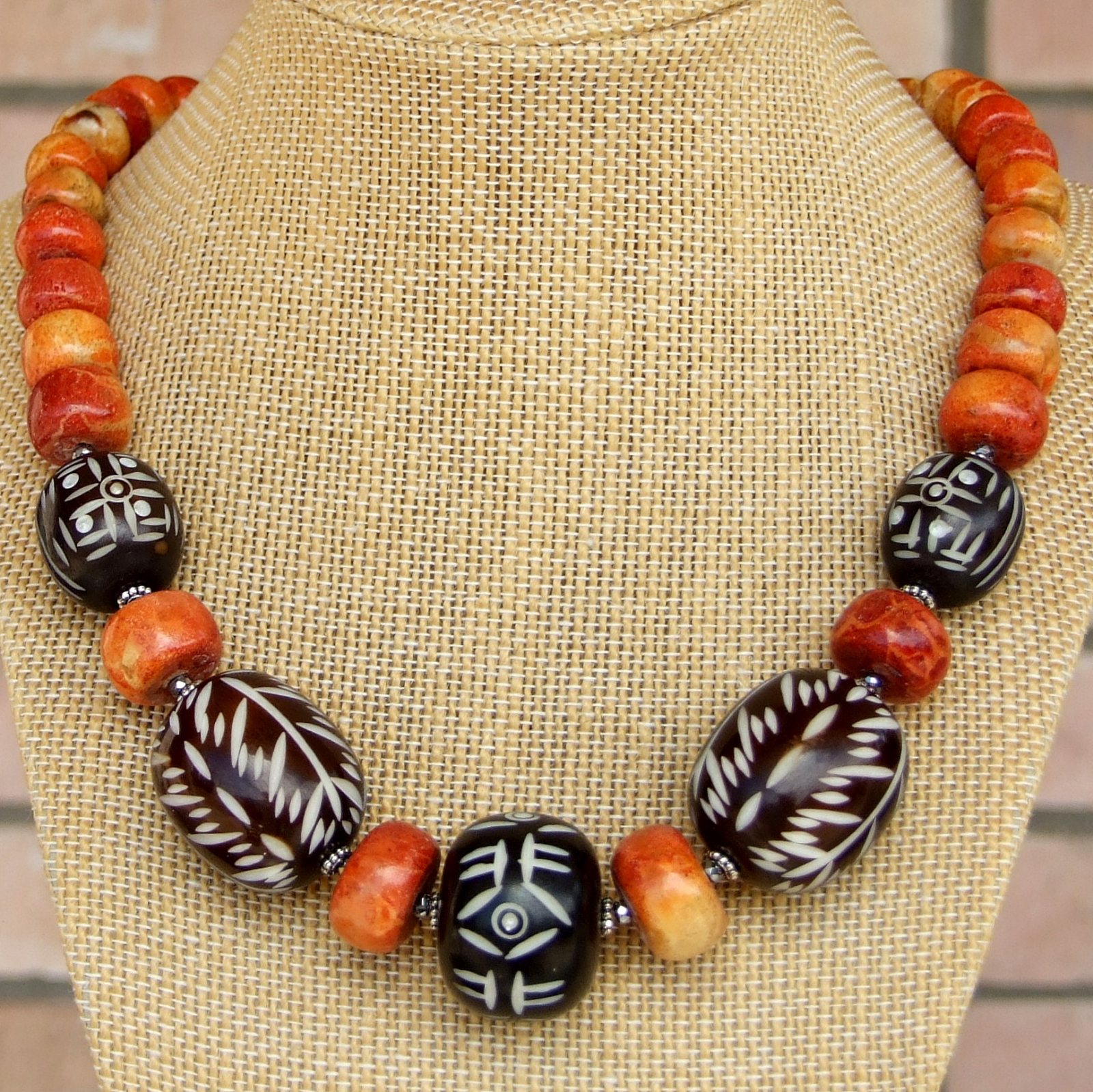 Vintage Tribal Bone Belt Tube Bead Multi-Strand Carved Circle Boho brown womens Cream Tribal Tube Bone Beads: 6x14mm, 16 pieces main image 2