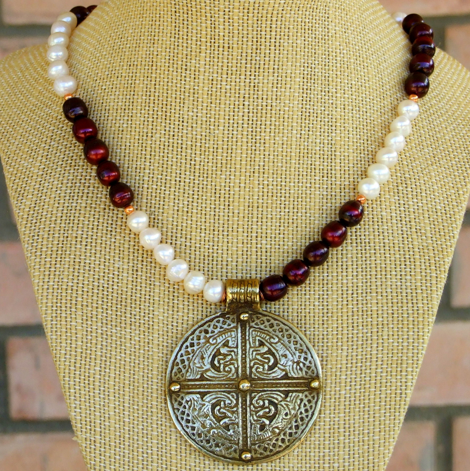 Cross Necklace, Vintage Celtic Burgundy White Pearls Handmade Jewelry