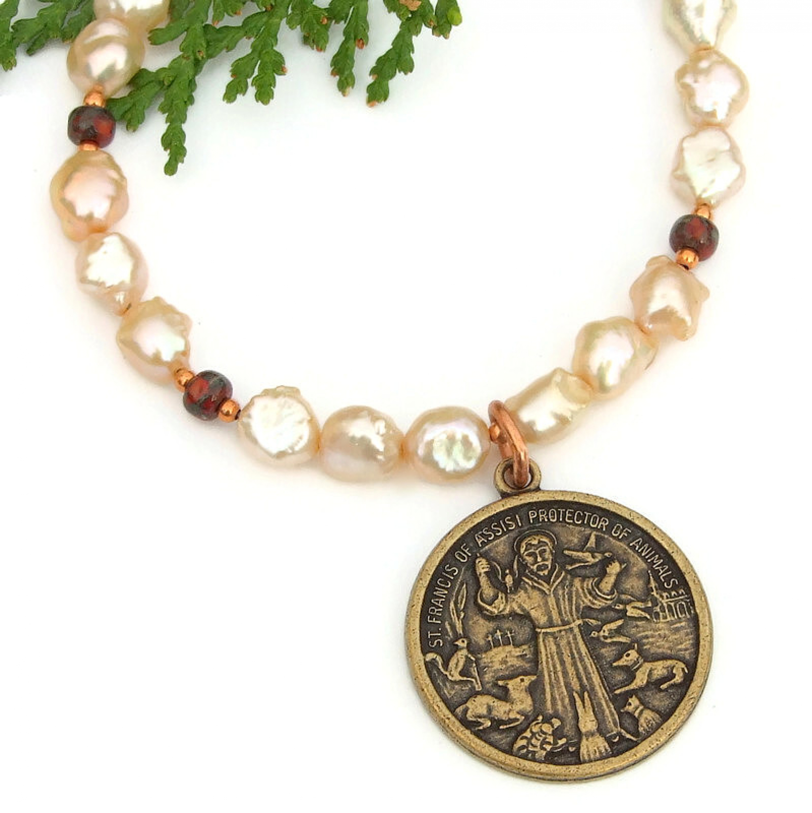 St francis animals necklace brass pearls handmade religious jewelry