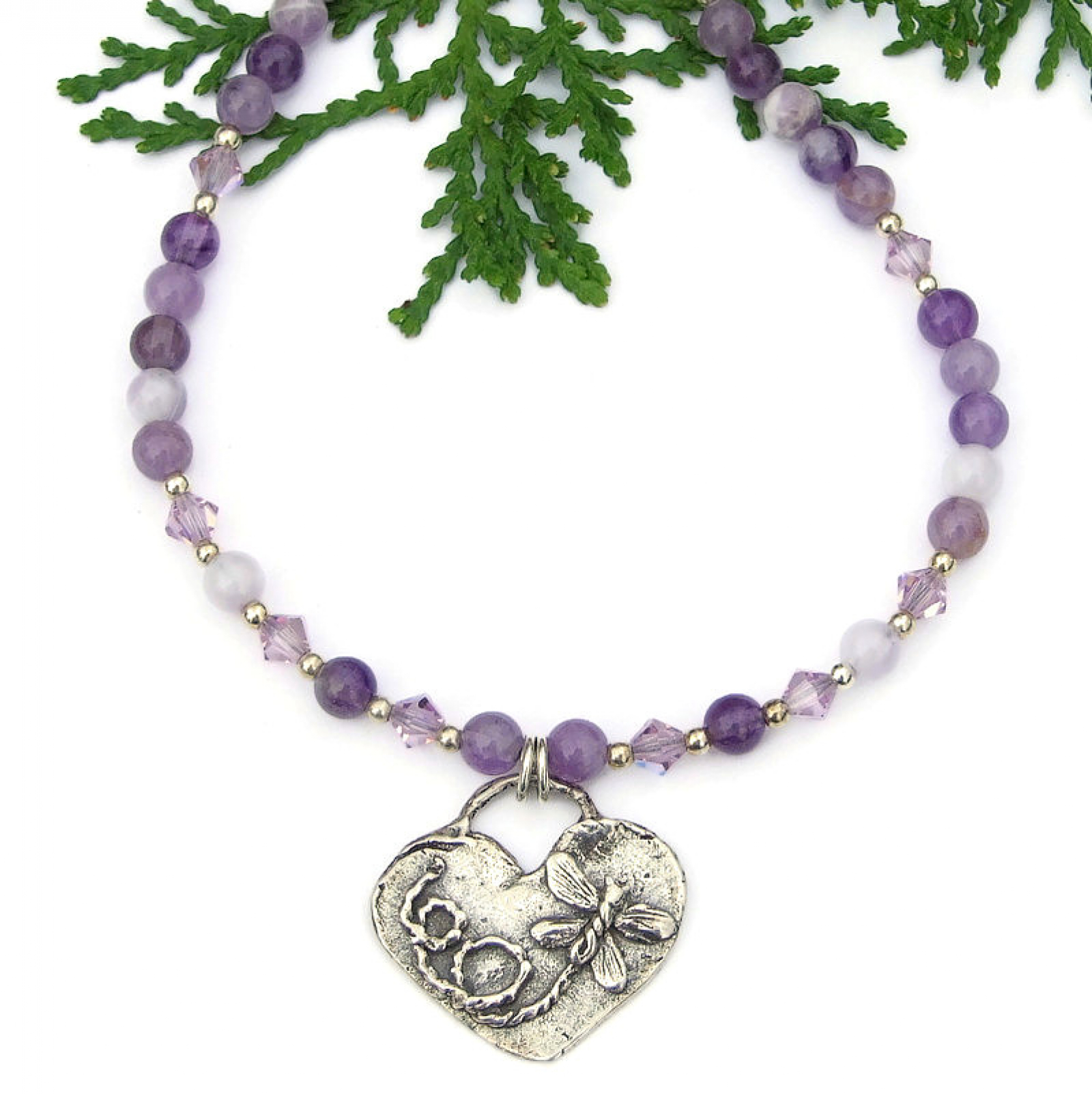 Butterfly Heart Necklace Chevron Amethyst Swarovski Handmade