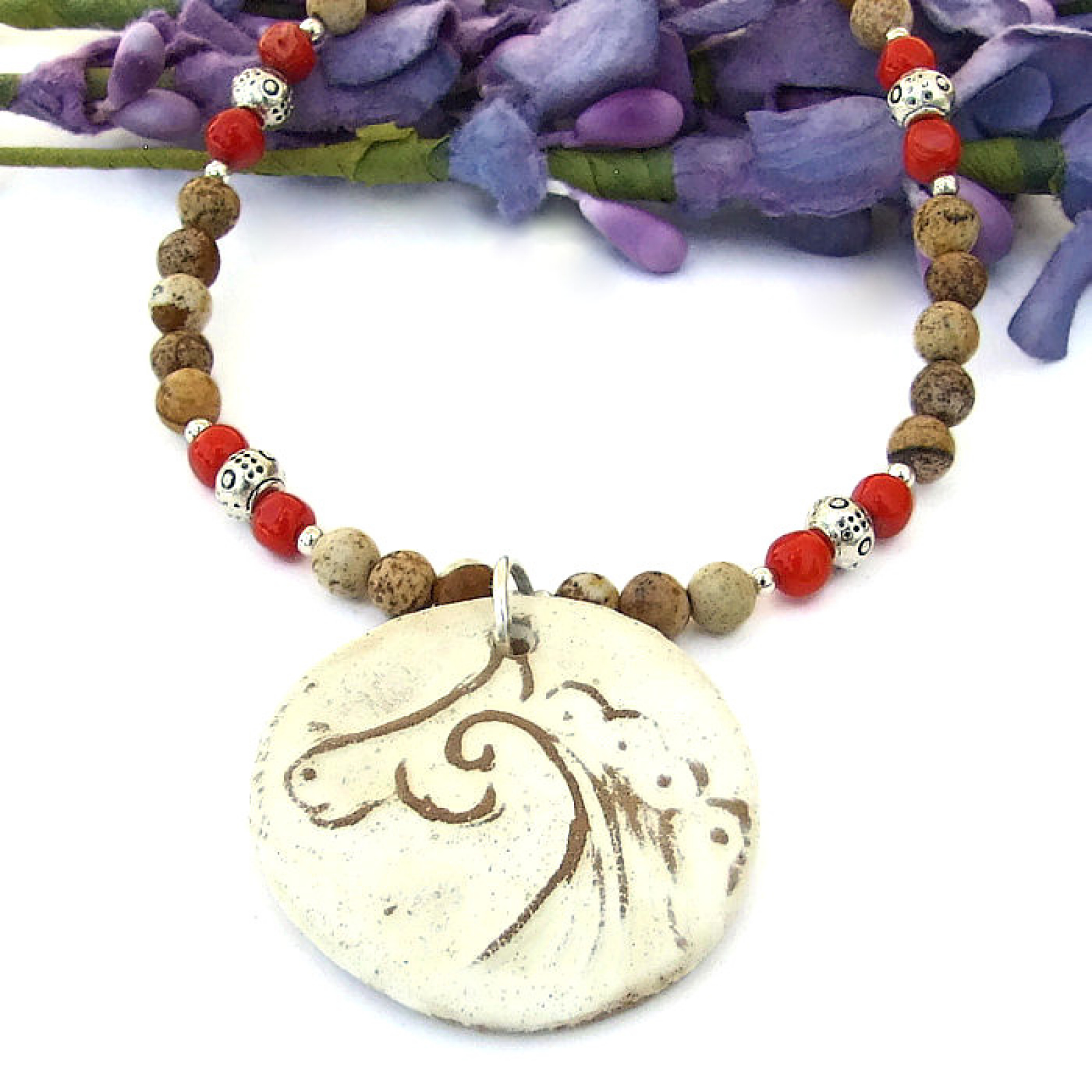 Celtic Horse Spiral Necklace, Jasper Red Coral Handmade Jewelry Women Shadow Dog Designs
