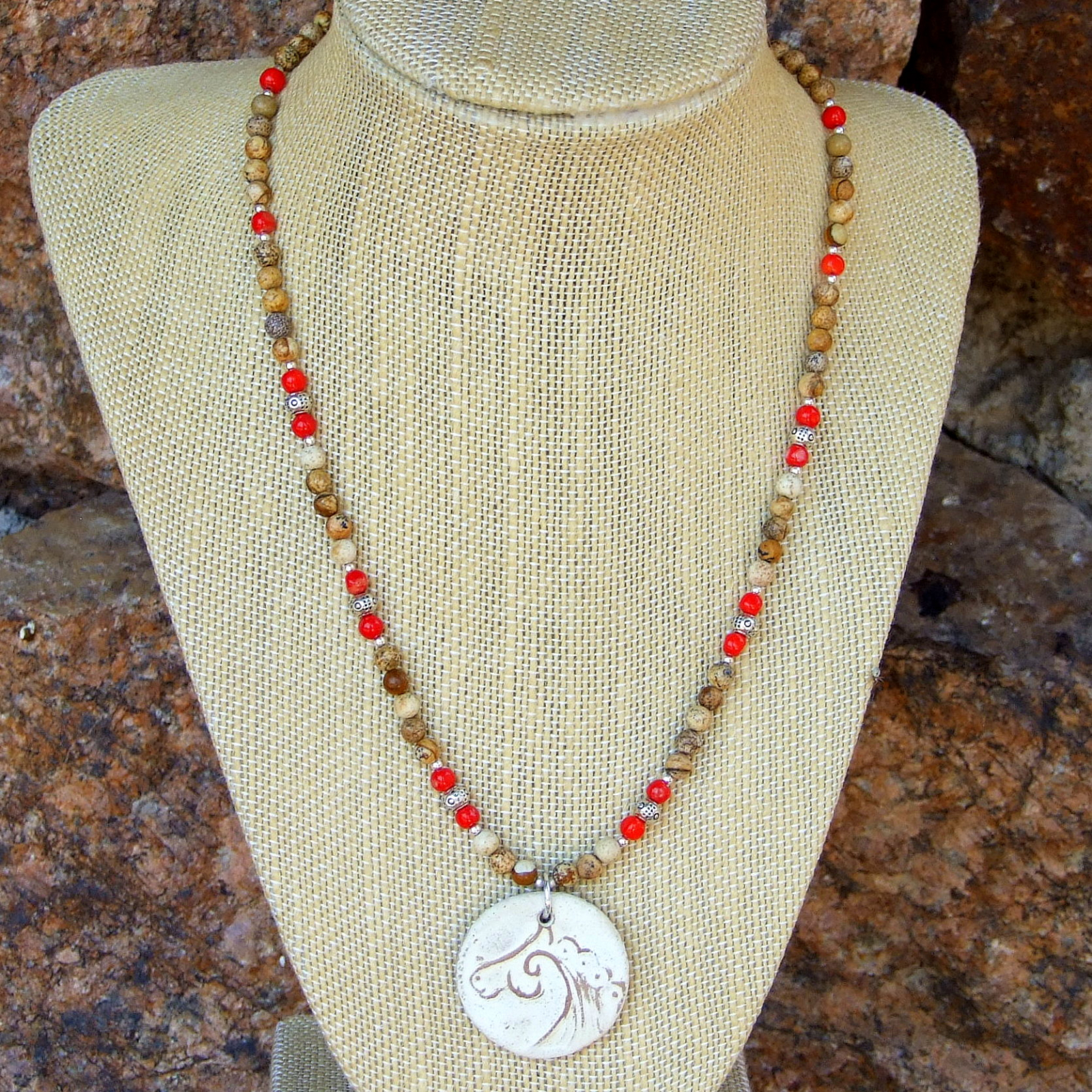 Celtic Horse Spiral Necklace, Handmade Jewelry Jasper Red Coral Earthy