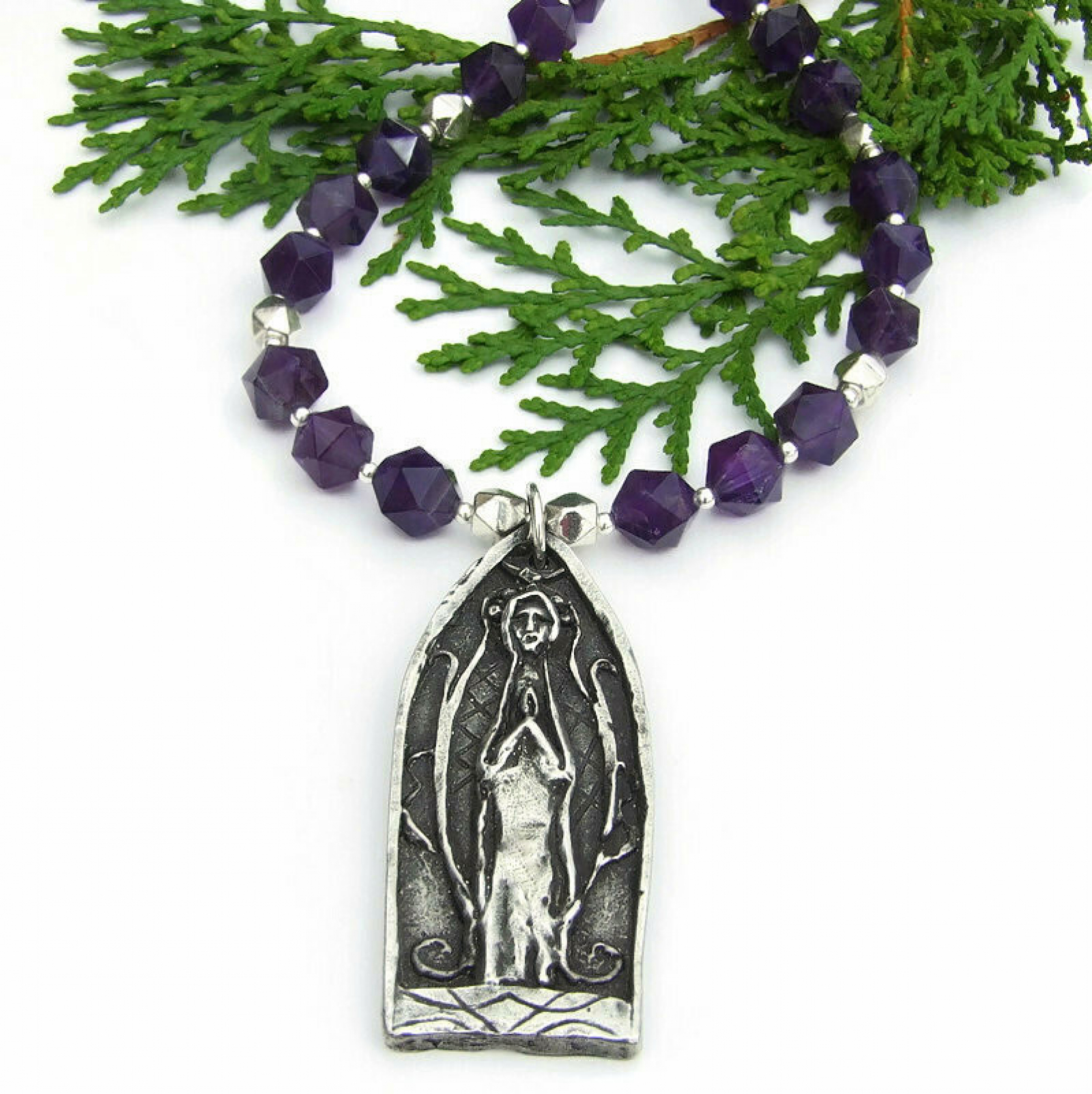 Praying Man Woman Necklace, Amethyst 