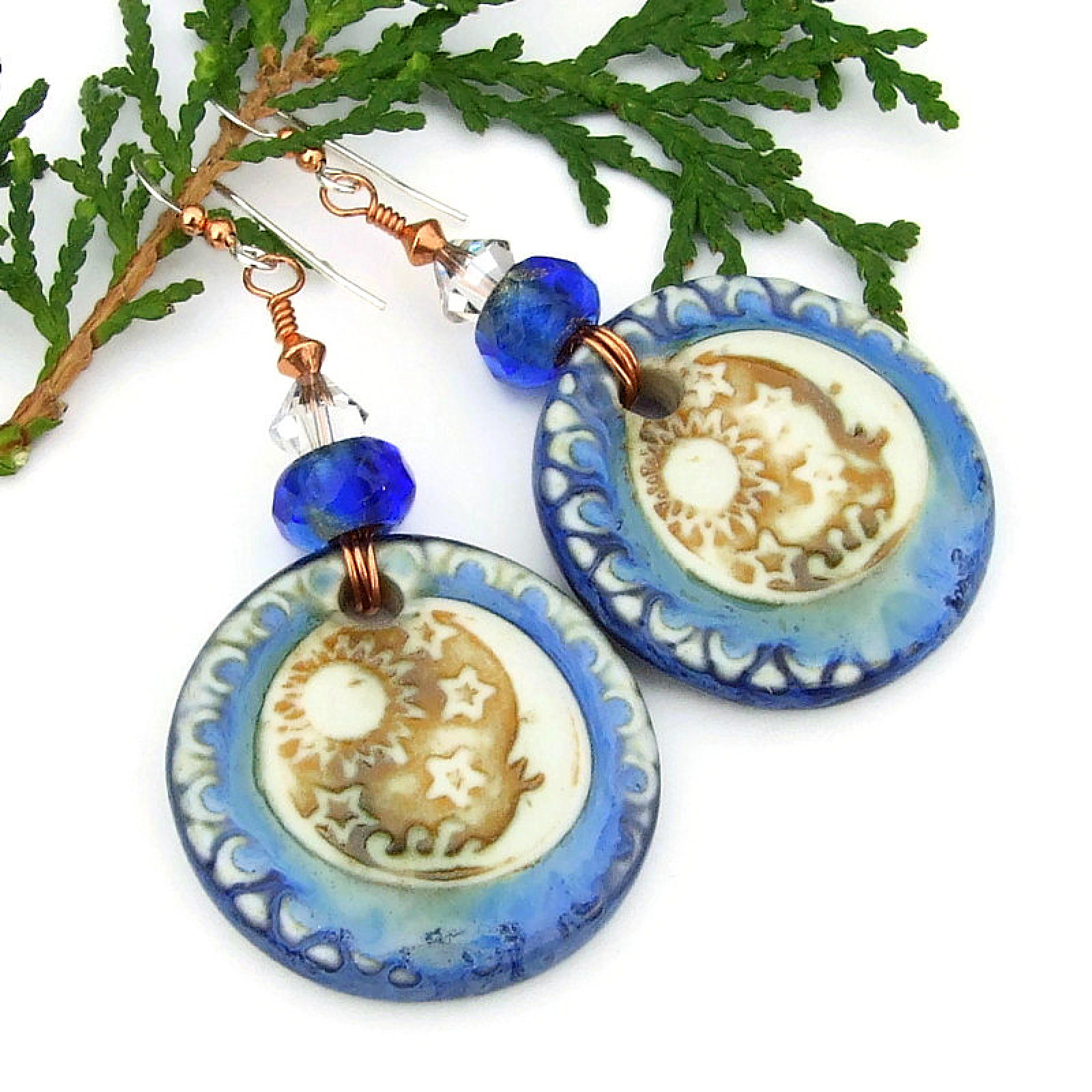 Sun Moon Stars Celestial Earrings, Ceramic Blue Brown Handmade Jewelry | Shadow Dog Designs