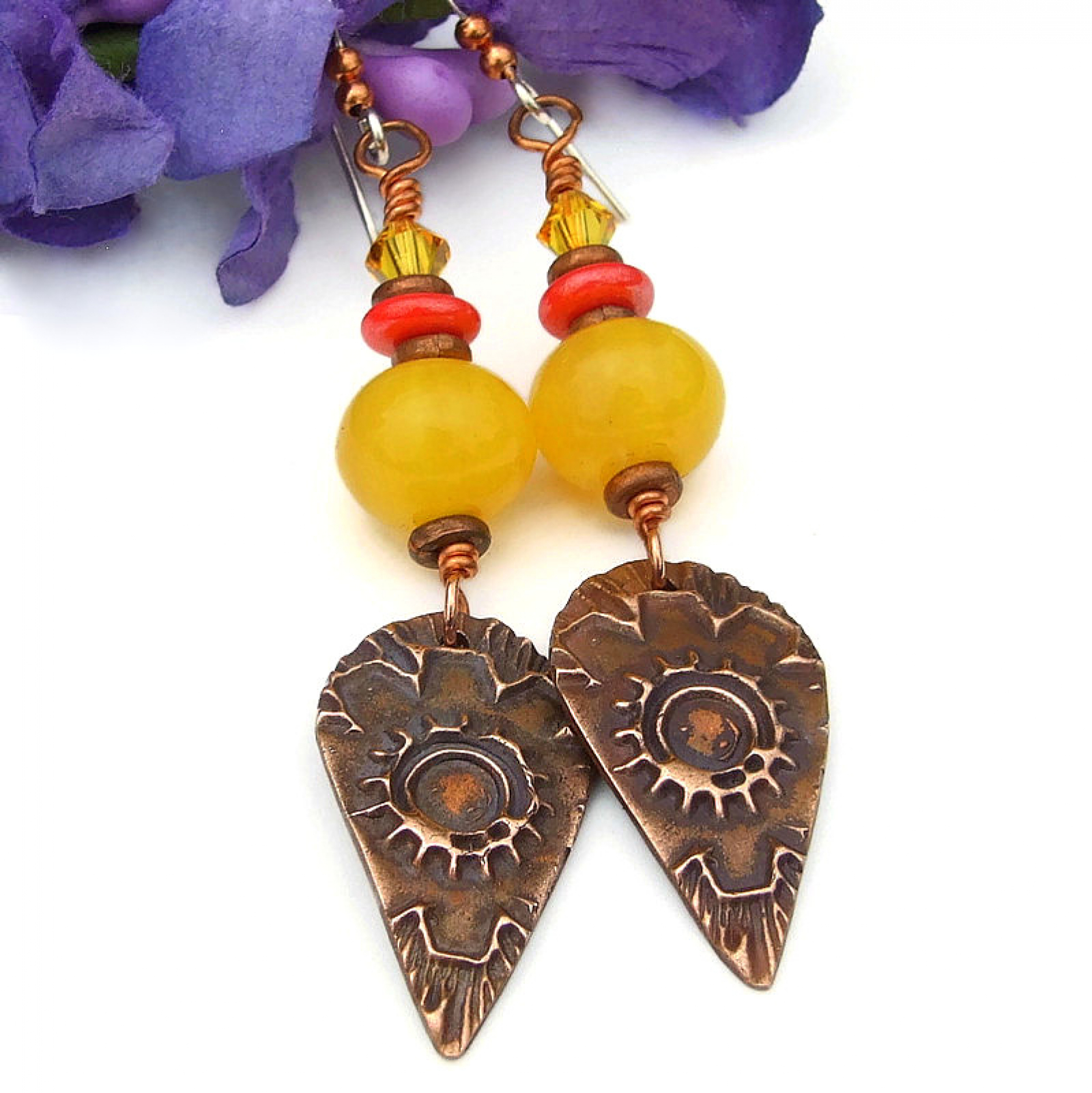 Copper Flower Earrings, Yellow Copal Crystals Orange Handmade Jewelry ...