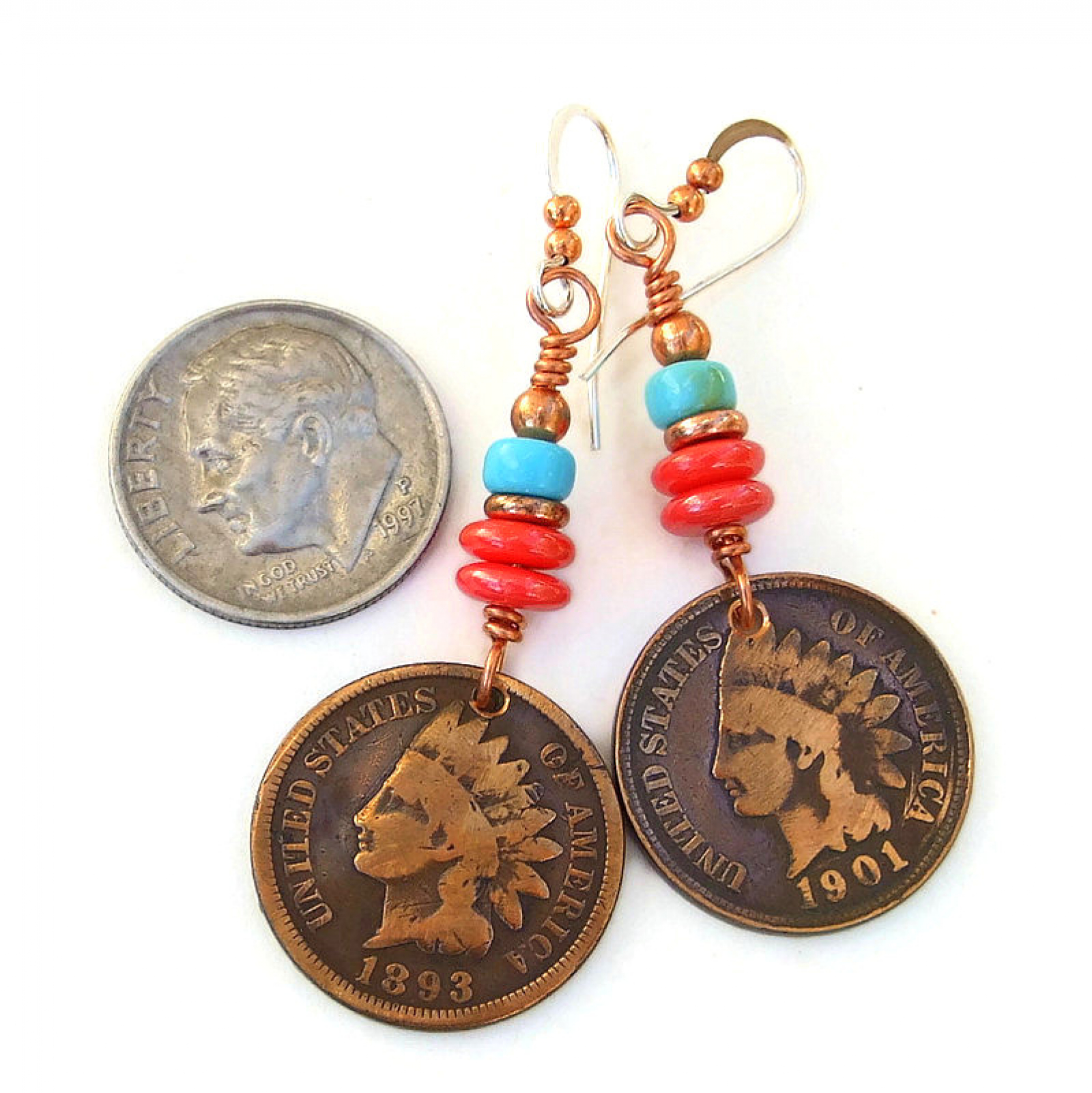 Indian Head Coin Earrings, Antique Copper Turquoise Handmade Jewelry