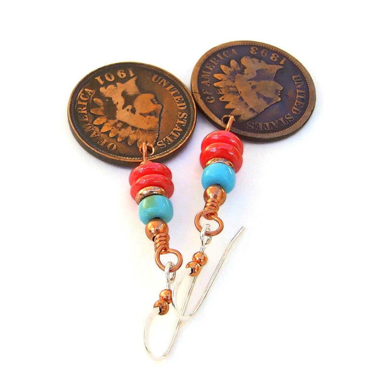 Indian Head Coin Earrings, Antique Copper Turquoise Handmade Jewelry