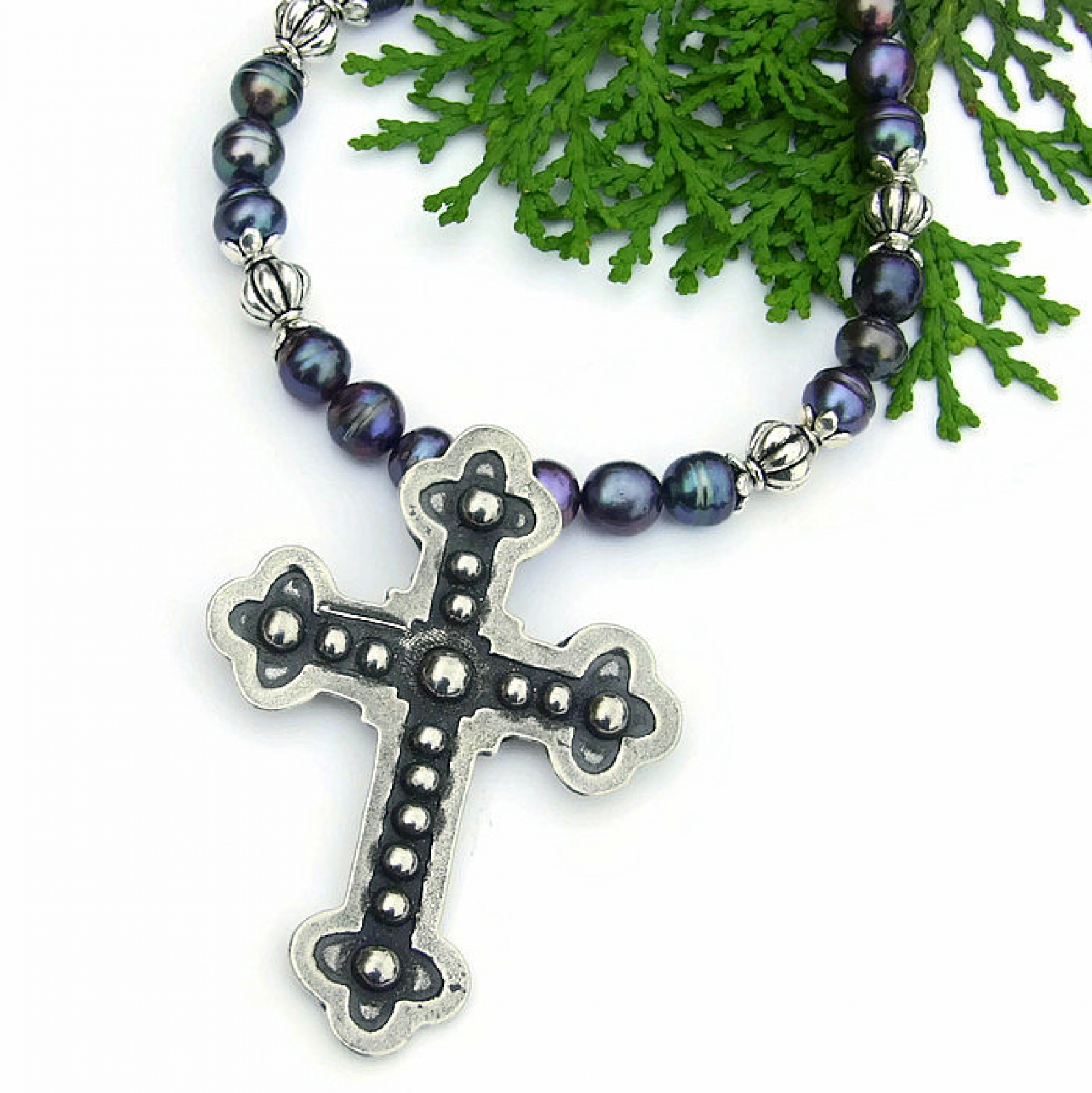 Budded Cross Necklace, Peacock Pearls Pewter Handmade Jewelry Gift