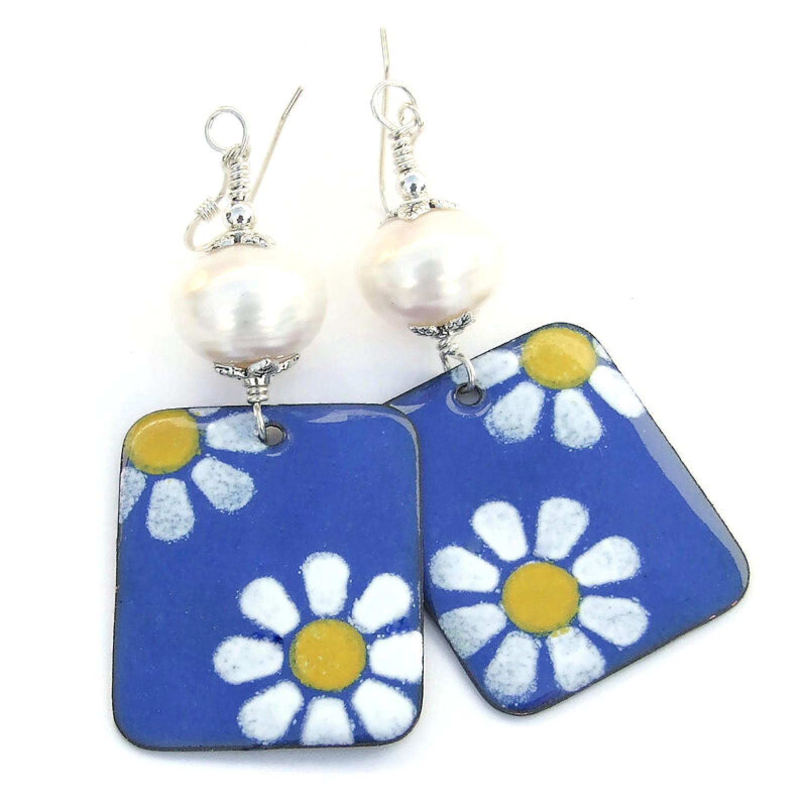 Daisy Flower Earrings, White Yellow Blue Pearls Handmade Jewelry Gift