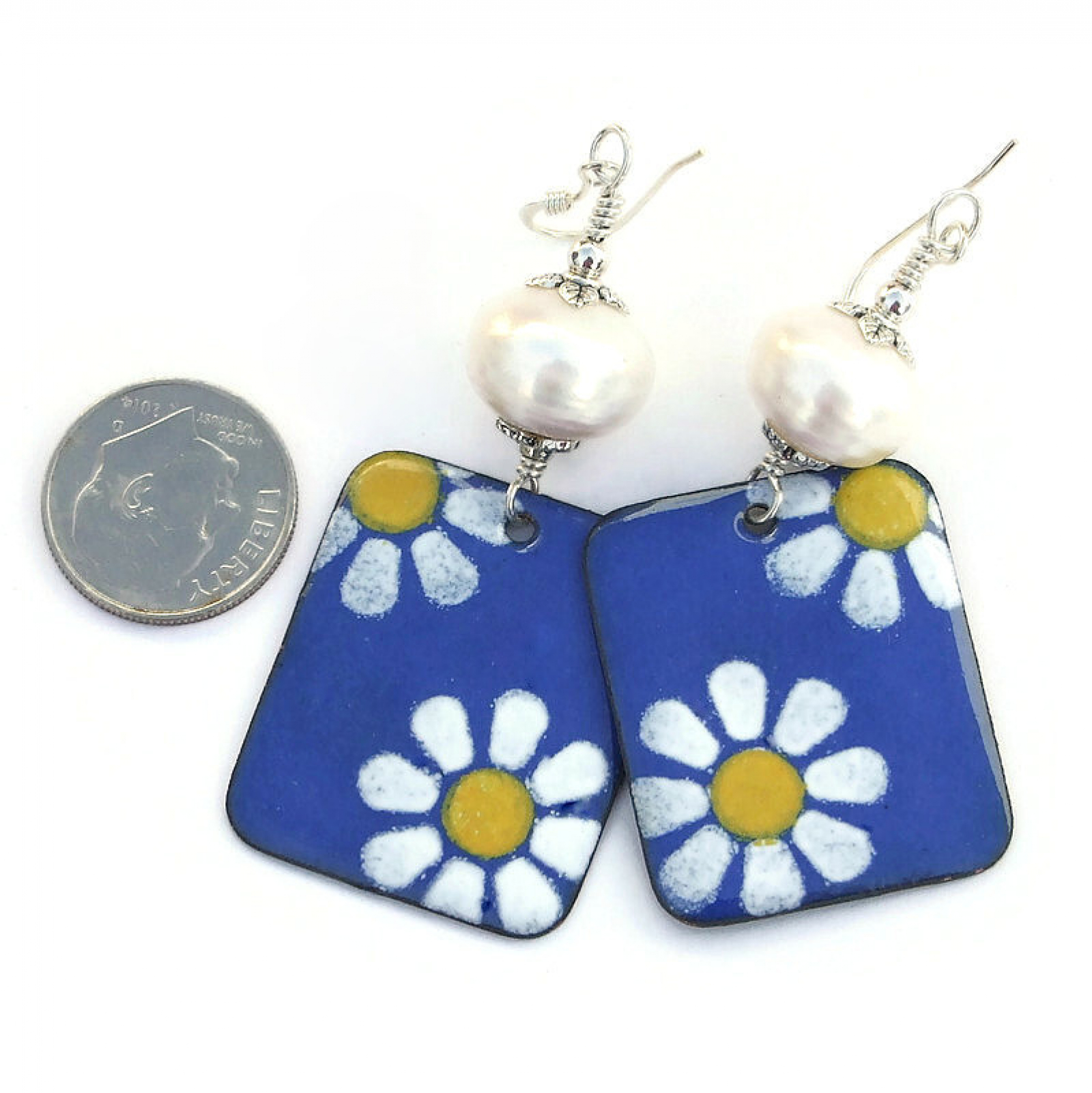 Daisy Flower Earrings, White Yellow Blue Pearls Handmade Jewelry Gift